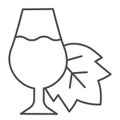 Grape leaf and a glass of wine thin line icon. Full wineglass with leaf outline style pictogram on white background