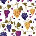 Grape pattern. Seamless print of bunch of green grapes, vintage texture of wine vine fruit, natural food background