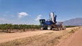 Grape picking mechanical machine working in a vineyard in Riebeek West, Swartland region S Africa.