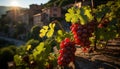 Grape vineyard in autumn, ripe fruit, sunset over Napa Valley generated by AI Royalty Free Stock Photo