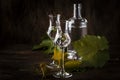 Grape vodka, pisco - traditional Peruvian strong alcoholic drink in elegant glasses on vintage wooden table, copy space