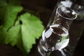 Grape vodka, pisco - traditional Peruvian strong alcoholic drink in elegant shot glasses on vintage wooden table, copy space