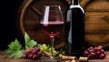 Grape wine bottle on wooden table, elegant drink, generated by AI