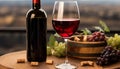 Grape wine bottle on wooden table, nature's elegance, generated by AI Royalty Free Stock Photo