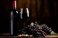 Grape wine bottle on wooden table, nature's elegance, generated by AI Royalty Free Stock Photo