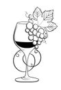 Grape wine with a glass. Freehand drawing. Line art on a white background. Black and white pictures in vintage engraving Royalty Free Stock Photo