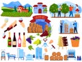 Grape wine product process in factory vector illustration set, cartoon flat winery, winemaking production collection