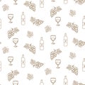 Grape and wine vector seamless pattern icons in linear style for winery label design. Royalty Free Stock Photo