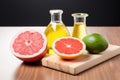 grapefruit, avocado, and olive oil indicating cholesterol-lowering foods Royalty Free Stock Photo