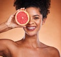 Grapefruit, black woman and beauty, skincare and wellness, healthy body and vitamin c, natural cosmetics and afro on