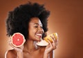 Grapefruit, black woman and vitamin c beauty, skincare and wellness, healthy body or aesthetics, natural cosmetics and