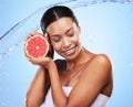 Grapefruit, black woman and water splash, beauty and skincare, vitamin c and healthy natural cosmetics of body wellness