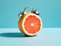 Grapefruit in the form of an alarm clock on a blue background. Made with Generative AI Royalty Free Stock Photo