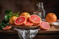 Grapefruit and grapefruits on a dark background. Selective focus. Generative AI Royalty Free Stock Photo