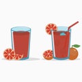 Grapefruit juice in a glass with grapefruit slice and half. Natural fresh citrus drink with straw and ice cube. Vector.