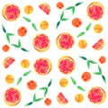 Grapefruit and leaves. summer juicy seamless pattern. watercolor illustration isolated on white Royalty Free Stock Photo