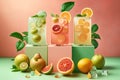 Grapefruit, orange, lemon, lime and ice cubes on green background