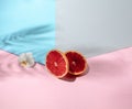 Grapefruit scene with leaf shadows. Minimal nature seasonal concept. Close up