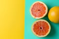 Grapefruit set. Grapefruit clipping path. Organic fresh grapefruit. Grapefruit split in half. Organic grapefruit isolated on blue