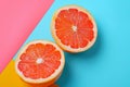 Grapefruit set. Grapefruit clipping path. Organic fresh grapefruit. Grapefruit split in half. Organic grapefruit isolated on blue