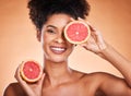 Grapefruit, skincare and portrait of black woman with a beauty, organic and natural routine. Cosmetics, citrus fruit and