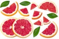 Grapefruit with slices and green leaves isolated on white background top view. clipping path Royalty Free Stock Photo