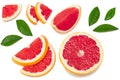 Grapefruit with slices and green leaves isolated on white background top view. clipping path Royalty Free Stock Photo