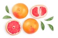 Grapefruit and slices with leaves isolated on white background. Top view. Flat lay. With clipping path and full depth of Royalty Free Stock Photo