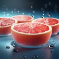 Grapefruit slices with water drops on blue background. 3d illustration