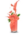 Grapefruit splash illustration. Splashing juice in glass. Cocktail falling pink slices isolated on background. Orange. Royalty Free Stock Photo