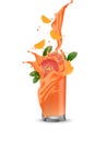 Grapefruit splash illustration. Splashing juice in glass. Cocktail falling pink slices isolated on background. Orange. Royalty Free Stock Photo