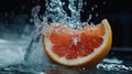 Grapefruit Splash A Macro Photography Perspective of a Citrus Slice Plunging into Water, Capturing the Dynamic Energy of the Royalty Free Stock Photo