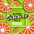 Grapefruit Super Summer Sale Banner in paper cut style. Origami juicy ripe red citrus slices. Healthy food on green Royalty Free Stock Photo