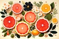Grapefruits, oranges and flowers, bright summer still life flat wiew. Generative AI