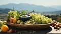 Grapes against the backdrop of a farming rural landscape