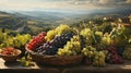 Grapes against the backdrop of a farming rural landscape Royalty Free Stock Photo