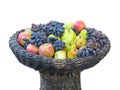 Grapes, apples, pears, quince in basket on tree trunk isolated Royalty Free Stock Photo