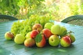 Grapes, apples and pears on a table