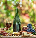 Grapes, bottle of wine and different cheeses on country wooden table and blurred colorful autumn background. Variety of products