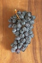 Grapes. A bunch of dark, black grapes lies on a wooden board close-up