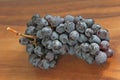 Grapes. A bunch of dark, black grapes lies on a wooden board close-up