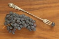 Grapes. A bunch of dark, black grapes lies on a wooden board close-up and a vintage fork Royalty Free Stock Photo