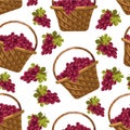 Grapes bunches in woven baskets, fruits seamless pattern