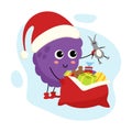 Grapes character in the role of Santa Claus gives gifts.