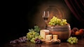 Grapes, cheese, glass of red wine and old wooden barrel. copy space Royalty Free Stock Photo