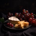 grapes and cheeses on a dark plate on a wooden table. rustic style