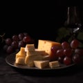 grapes and cheeses on a dark plate on a wooden table. rustic style