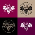 Grapes icon set. Collection with four grapes icons contour drawing, silhouette drawing, combination drawing on pink, burgundy, bl