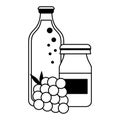 Grapes juice bottles and fruit cartoon in black and white