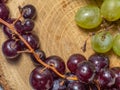 Grapes kishmish on a wooden background. The grapes are overripe. Harvest in the village